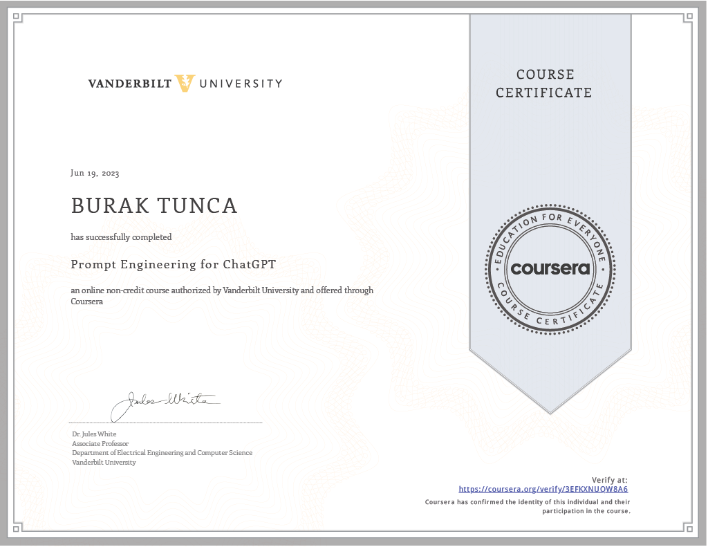 Prompt Engineering for ChatGPT Certificate by Vanderbilt University